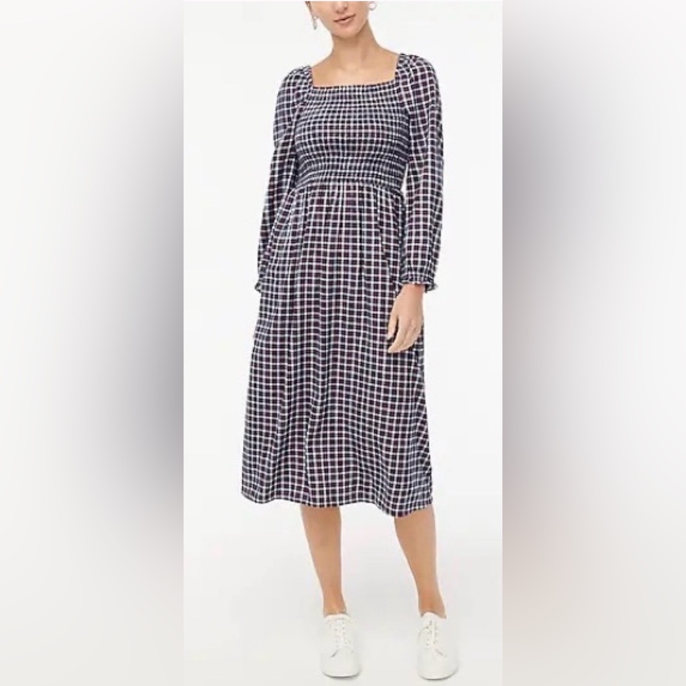 J. Crew Flannel Square Neck Smoked Midi Dress Size Small Red White Navy